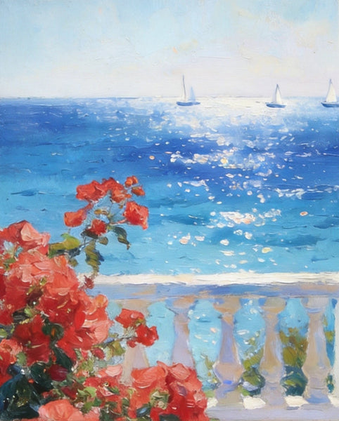 Tranquil Noon at the Coastal Bougainvillea Nook, Hand Painted Canvas Art, Original Landscape Paintings, Small Canvas Wall Art Paintings, Original Oil Paintings-artworkcanvas