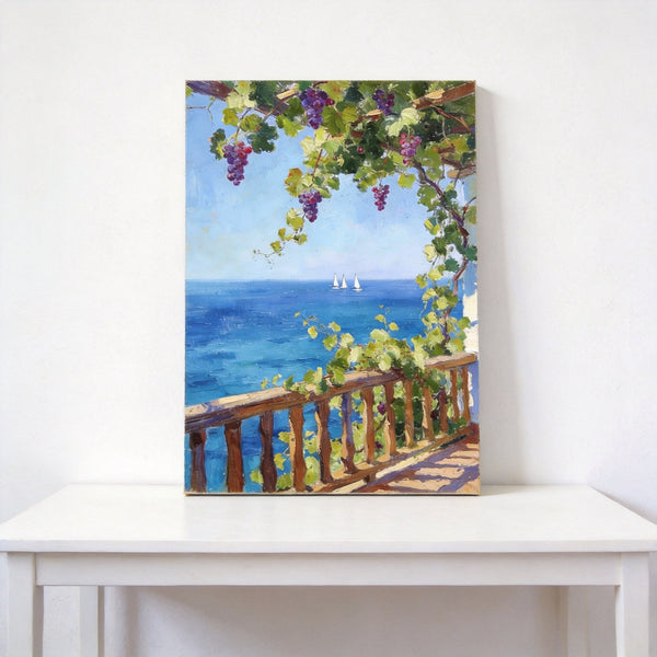 Original Landscape Paintings, Seaside Terrace Under the Grape Canopy, Hand Painted Canvas Art, Small Canvas Wall Art Paintings, Original Oil Paintings-artworkcanvas