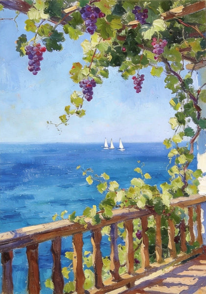 Original Landscape Paintings, Seaside Terrace Under the Grape Canopy, Hand Painted Canvas Art, Small Canvas Wall Art Paintings, Original Oil Paintings-artworkcanvas