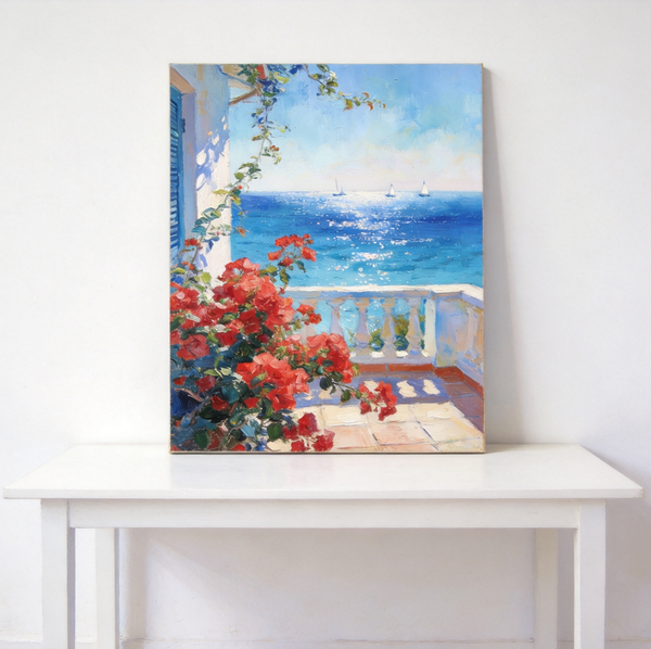 Original Landscape Paintings, Summer Glow on the Flowered Balcony, Small Canvas Wall Art Paintings, Original Oil Paintings, Hand Painted Canvas Art-artworkcanvas