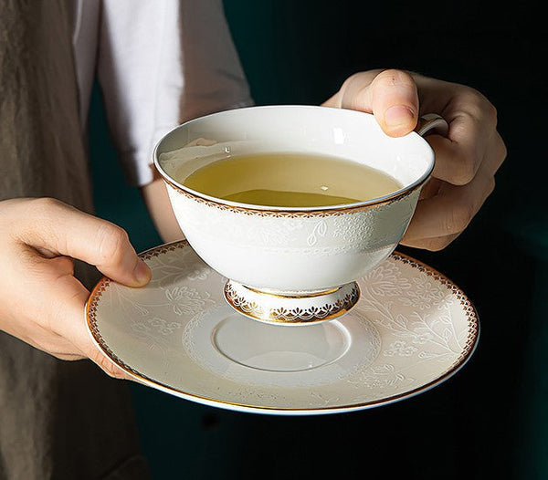 Porcelain Coffee Cup Set, White Ceramic Cups, 7.8 oz British Ceramic Coffee Cups, Unique Tea Cup and Saucer in Gift Box-artworkcanvas