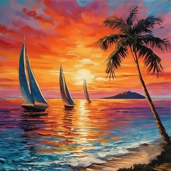 Original Small Landscape Paintings, Hawaii Seashore Sail Boat Palm Tree Painting, Beach Sunset Painting, Heavy Texture Acrylic Artwork, Easy Landscape Painting Ideas, Simple Small Canvas Paintings-artworkcanvas