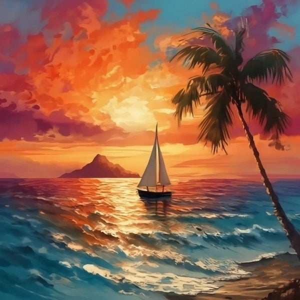 Beach Sunset Painting, Heavy Texture Acrylic Artwork, Original Small Landscape Paintings, Hawaii Seashore Sail Boat Palm Tree Painting, Easy Landscape Painting Ideas, Simple Small Canvas Paintings-artworkcanvas