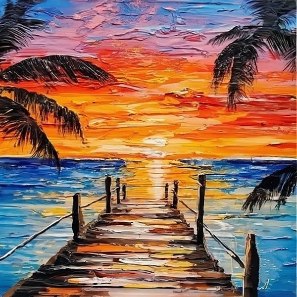 Original Small Landscape Paintings, Hawaii Seashore Palm Tree Painting, Easy Landscape Painting Ideas, Simple Small Canvas Paintings, Beach Sunset Painting, Heavy Texture Acrylic Artwork-artworkcanvas