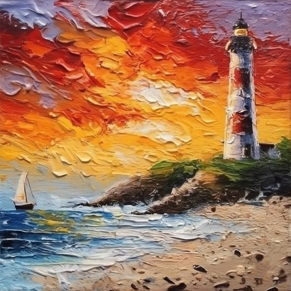 Small Hand Painted Art, Seashore Lighthouse Sunset Painting, Heavy Texture Canvas Artwork, Easy Landscape Painting Ideas, Simple Small Canvas Paintings-artworkcanvas