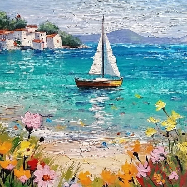 Small Hand Painted Canvas Art, Easy Landscape Painting Ideas, Simple Small Canvas Paintings, Sail Boat Seashore Floral Beach Painting, Original Small Landscape Paintings, Heavy Texture Canvas Art-artworkcanvas