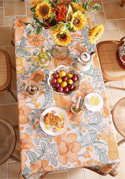 Modern Kitchen Table Cover, Linen Table Cover for Dining Room Table, Spring Flower Tablecloth for Round Table, Simple Modern Rectangle Tablecloth Ideas for Oval Table-artworkcanvas