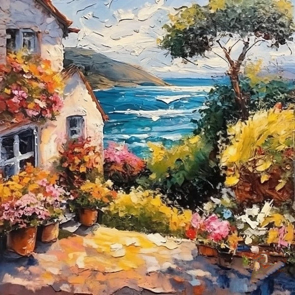 Simple Small Canvas Paintings, Seashore Summer Resort Painting, Original Paintings, Small Landscape Paintings, Heavy Texture Canvas Paintings, Easy Landscape Painting Ideas-artworkcanvas