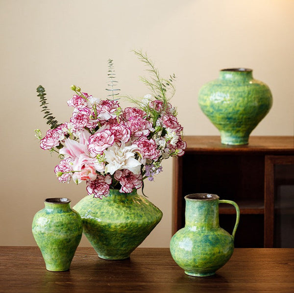Centerpiece on Dining Table, Modern Pottery Flower Vases, Handmade Water Holding Flower Vases, Pottery Bud Vases, Large Green Flower Vases on Table-artworkcanvas