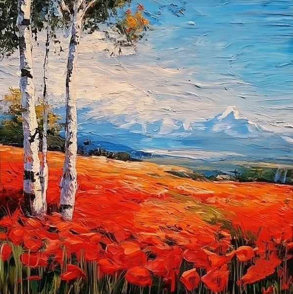 Simple Small Canvas Paintings, Red Poppy Field Birch Tree Landscape Painting, Original Small Landscape Paintings, Heavy Texture Canvas Art, Palette Knife Paintings, Easy Landscape Painting Ideas-artworkcanvas