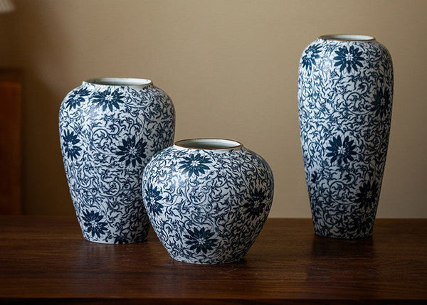 Vintage Bouquet Flower Vases, Centerpiece on Dining Table, Large Blue Flower Vase on Table, Handmade Porcelain Flower Vases Urn, Water Holding Flower Vases-artworkcanvas