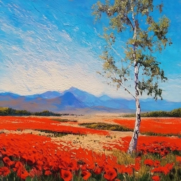 Red Poppy Field Birch Tree Landscape Painting, Simple Small Canvas Paintings, Original Small Landscape Paintings, Heavy Texture Canvas Art, Palette Knife Paintings, Easy Landscape Painting Ideas-artworkcanvas