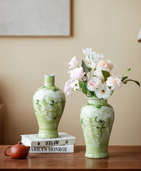 Large Flower Vases on Table, Green Porcelain Flower Vases, Centerpiece Ceramic Bud Vases, Handmade Water Holding Flower Vase-artworkcanvas