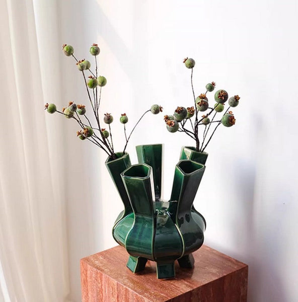 Centerpiece Ceramic Bouquet Vases, Contemporary Vases on Dining Table, Green Porcelain Vases for Modern Home Decor, Unique Handmade Modern Flower Vase-artworkcanvas