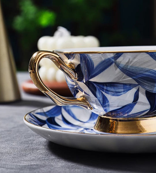 Blue Porcelain Tea Cup Saucer Set, 7.4 oz British Ceramic Coffee Cups, Unique British Tea Cup and Saucer in Gift Box-artworkcanvas