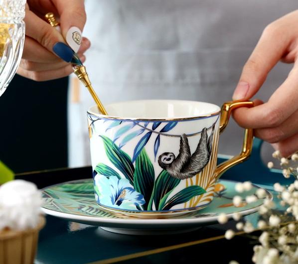 Jungle Animals Porcelain Coffee Cups, Coffee Cups with Gold Trim and Gift Box, 7.4 oz Tea Cup and Saucer-artworkcanvas