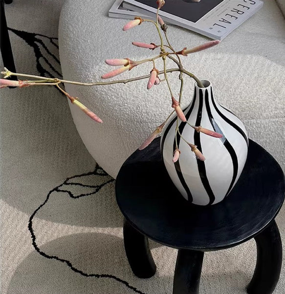 Water Holding Flower Vases, Black and White Striped Ceramic Vase, Porcelain Flower Vases, Modern Flower Vases on Table-artworkcanvas