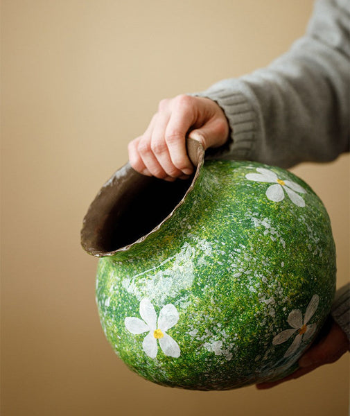 Centerpiece on Dining Table, Handmade Water Holding Flower Vases, Modern Pottery Flower Vases, Pottery Bud Vases, Large Green Flower Vases on Table-artworkcanvas