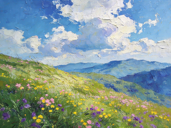 Small Canvas Art, Mountainous Landscape with Blossoming Meadows, Original Wall Paintings, On Canvas Small Paintings, Original Artwork Small Paintings, Small Landscape Paintings-artworkcanvas
