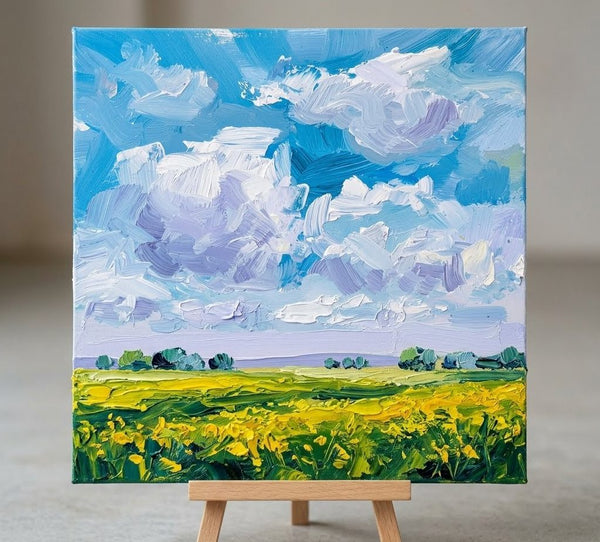 Original Landscape Paintings, Flowering Wilderness Beneath the Clouds, Hand Painted Canvas Art, Heavy Texture Painting, Miniature Canvas Art