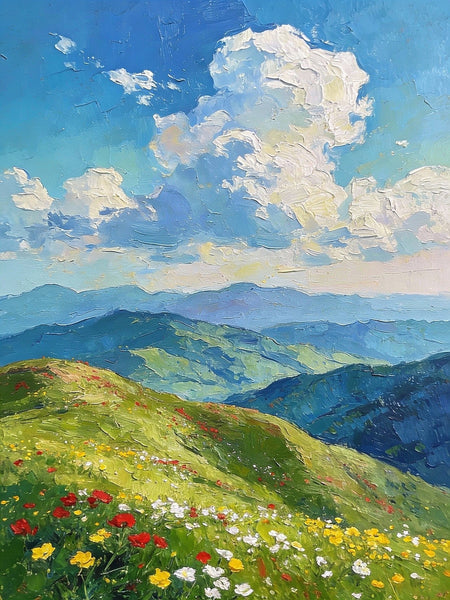 Original Small Paintings, A Flowering Hillside Under an Azure Sky, Small Oil Paintings, Small Wall Paintings, Landscape Artwork Canvas Paintings-artworkcanvas
