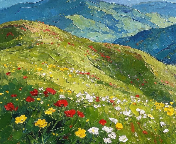 Original Small Paintings, A Flowering Hillside Under an Azure Sky, Small Oil Paintings, Small Wall Paintings, Landscape Artwork Canvas Paintings-artworkcanvas