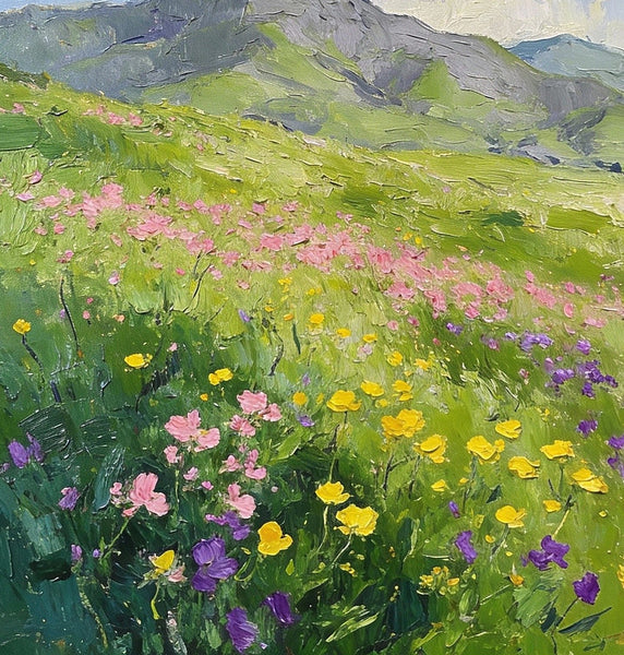 Small Oil Paintings, Mountain Meadow in Bloom, A Lush Floral Landscape, Original Small Paintings, Landscape Artwork Small Paintings, Small Wall Paintings-artworkcanvas