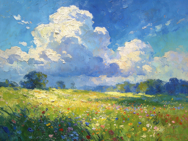 Valley in Bloom, Sunlight, Clouds, and Colorful Flora, Small Oil Paintings on Canvas, Hand Painted Canvas Art, Heavy Texture Oil Paintings, Original Artwork Small Paintings, Small Wall Paintings-artworkcanvas