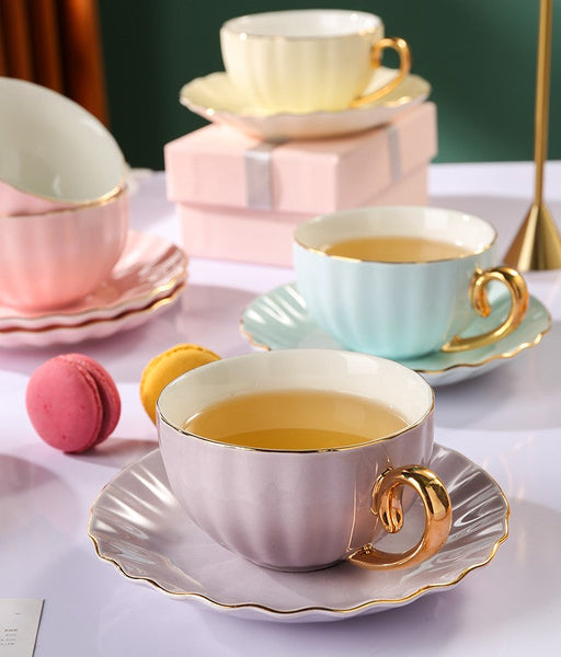 Elegant Macaroon Ceramic Coffee Cups, 6.8 oz Tea Cup and Saucer Set of 2 Cups in Gift Box as Birthday Gift, Beautiful British Tea Cups, Creative Porcelain Tea Cup Set-artworkcanvas