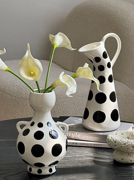 Ceramic Bud Vases, Small Flower Vases on Table, Black and White Polka Dot Flower Vase, Modern Porcelain Flower Vases, Handmade Water Holding Flower Vases-artworkcanvas