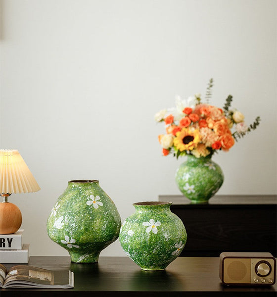 Modern Pottery Flower Vases, Centerpiece on Dining Table, Handmade Water Holding Flower Vases, Pottery Bud Vases, Large Green Flower Vases on Table-artworkcanvas