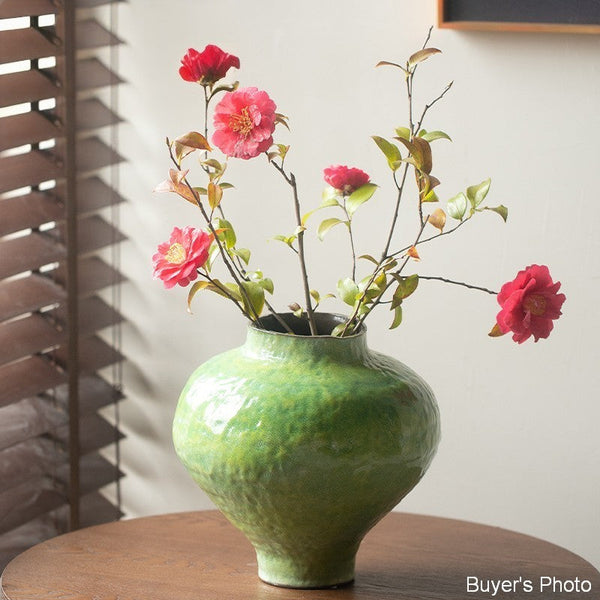 Modern Pottery Flower Vases, Handmade Water Holding Flower Vases, Pottery Bud Vases, Large Green Flower Vases on Table, Centerpiece on Dining Table-artworkcanvas