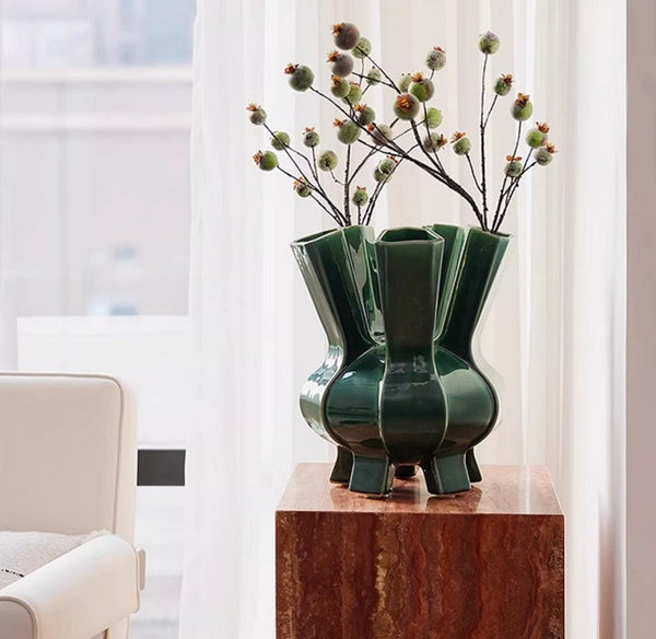 Unique Handmade Modern Flower Vase, Centerpiece Ceramic Bouquet Vases, Contemporary Vases on Dining Table, Green Porcelain Vases for Modern Home Decor-artworkcanvas