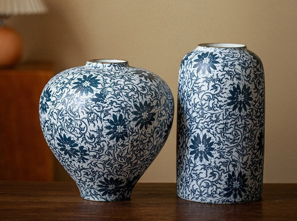 Vintage Bouquet Flower Vases, Centerpiece on Dining Table, Large Blue Flower Vase on Table, Handmade Porcelain Flower Vases Urn, Water Holding Flower Vases-artworkcanvas
