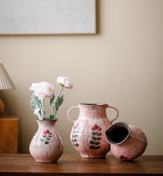 Handmade Water Holding Flower Vases, Rustic Pottery Flower Vases, Small Flower Vases on Table, Pink Bud Vases-artworkcanvas