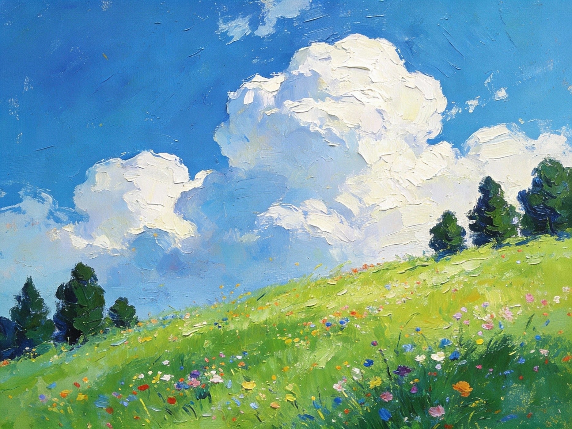 Beneath Sky Of Clouds Hillside In Bloom Small Paintings On Canvas Hand Painted Artwork