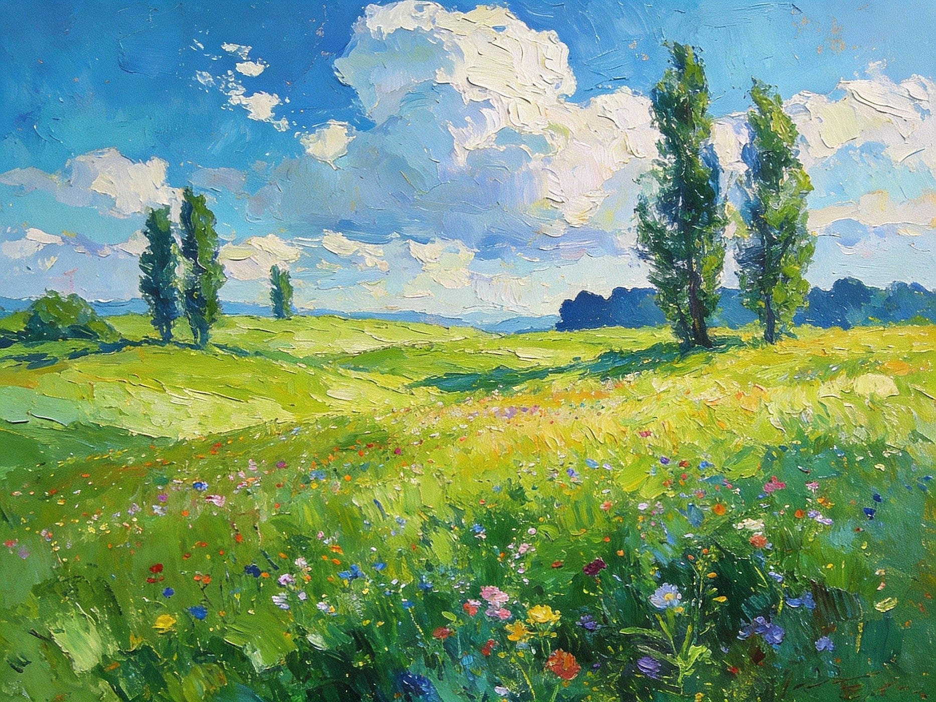 Hillside Awash With Wildflowers In Spring, Hand Painted Canvas Art, Colorful Floral Meadow, Green Landscape
