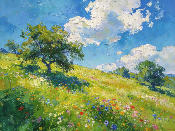 Lush Green Fields Under a Cloudy Sky, Small Oil Paintings on Canvas, Small Wall Paintings, Hand Painted Canvas Art, Heavy Texture Oil Paintings, Original Artwork Small Paintings-artworkcanvas