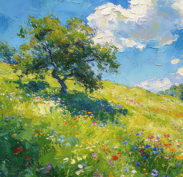 Lush Green Fields Under a Cloudy Sky, Small Oil Paintings on Canvas, Small Wall Paintings, Hand Painted Canvas Art, Heavy Texture Oil Paintings, Original Artwork Small Paintings-artworkcanvas