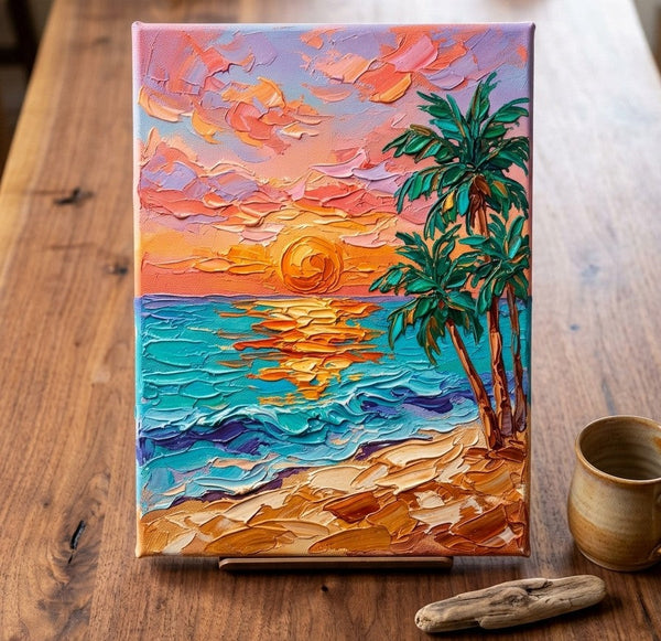 Hand Painted Canvas Art, Small Art on Canvas, Seashore Palm Tree Sunset Painting, Original Acrylic Paintings, Impasto Artwork, Heavy Texture Painting, Original Lanscape Art