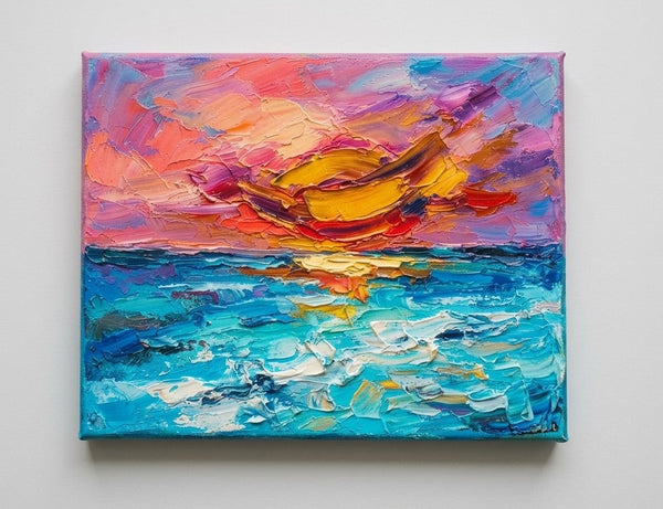 Small Art on Canvas, Seashore Sunset Painting, Hand Painted Canvas Art, Original Acrylic Paintings, Impasto Artwork, Heavy Texture Painting