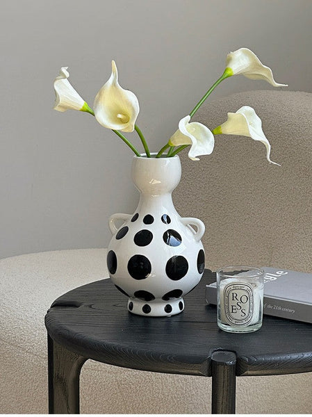Ceramic Bud Vases, Small Flower Vases on Table, Black and White Polka Dot Flower Vase, Modern Porcelain Flower Vases, Handmade Water Holding Flower Vases-artworkcanvas