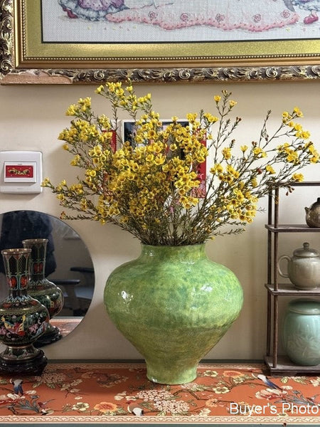 Modern Pottery Flower Vases, Handmade Water Holding Flower Vases, Pottery Bud Vases, Large Green Flower Vases on Table, Centerpiece on Dining Table-artworkcanvas