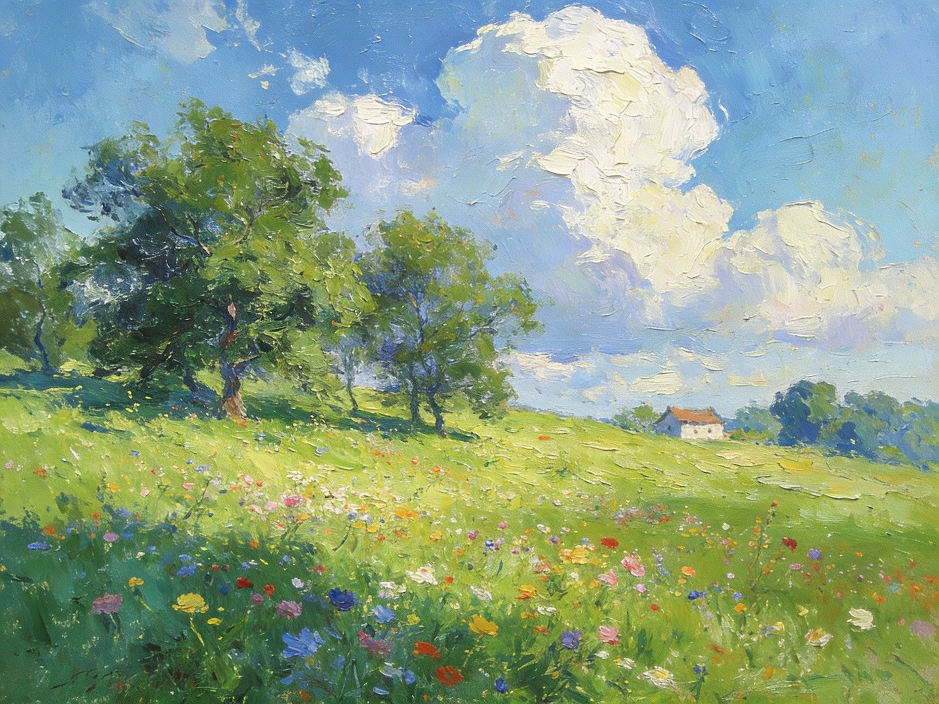 Little Cottage On A Verdant Hillside, Hand Painted Canvas Art, Green Landscape Painting, Rural Scenery Artwork