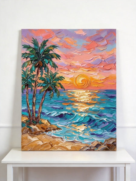 Small Art on Canvas, Seashore Palm Tree Sunset Painting, Hand Painted Canvas Art, Original Acrylic Paintings, Impasto Artwork, Heavy Texture Painting, Original Lanscape Art
