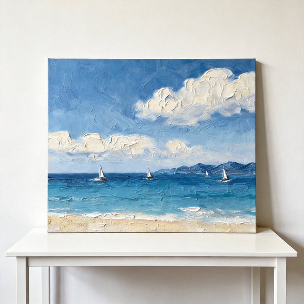 Small Art on Canvas, Sail Boats at Sea Painting, Original Acrylic Paintings, Impasto Artwork, Heavy Texture Painting, Hand Painted Canvas Art