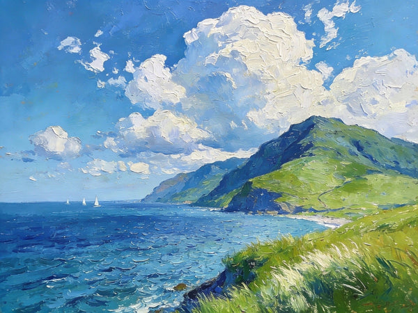 Small Wall Paintings, Coastal Seascape, Green Hills and Blue Waters, Impasto Artwork, On Canvas Small Paintings, Original Wall Art Paintings, Original Artwork Small Paintings, Small Landscape Paintings-artworkcanvas