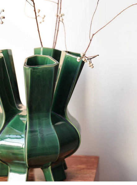 Unique Handmade Modern Flower Vase, Centerpiece Ceramic Bouquet Vases, Contemporary Vases on Dining Table, Green Porcelain Vases for Modern Home Decor-artworkcanvas