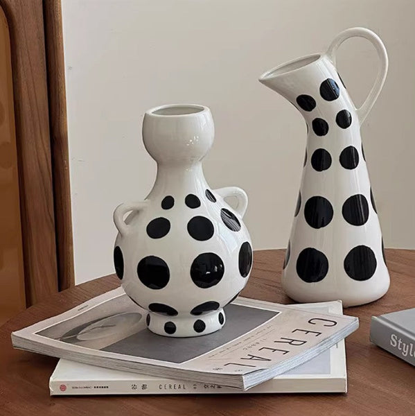 Ceramic Bud Vases, Small Flower Vases on Table, Black and White Polka Dot Flower Vase, Modern Porcelain Flower Vases, Handmade Water Holding Flower Vases-artworkcanvas