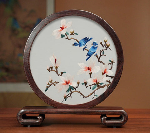 Traditional Chinese Suzhou Silk Embroidered Ornament, Premium Souvenir, Exclusive Business Presents, Creative Birthday Gift, Flower and Birds Embroidery Ornaments-artworkcanvas